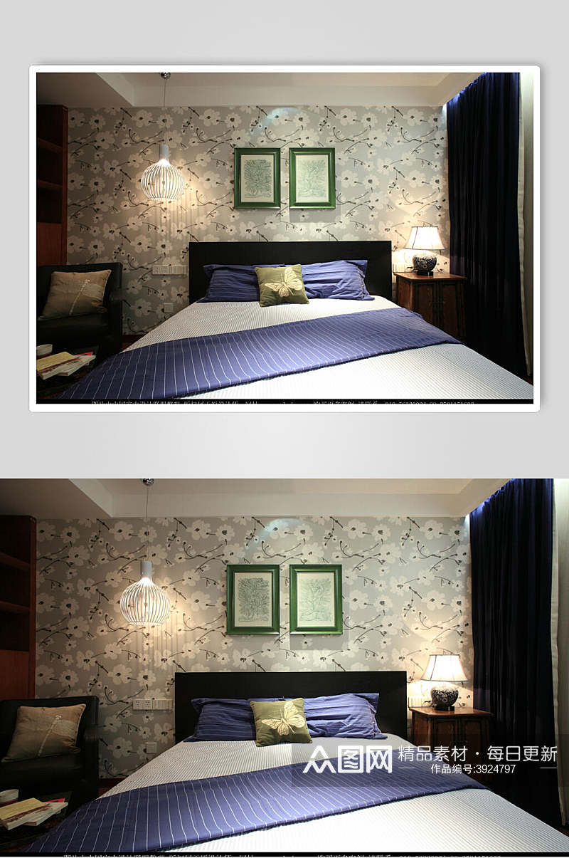 高级感创意优雅床单新中式室内图片素材
