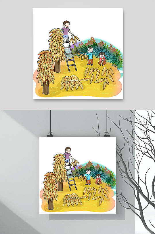 玉米黄绿高端大气手绘丰收插画素材