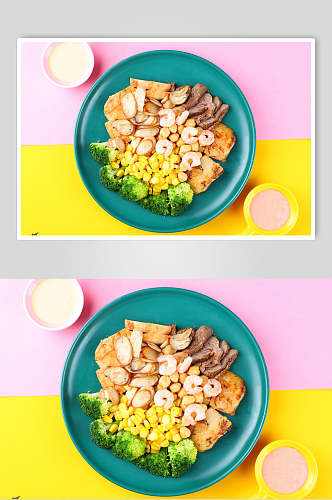 蓝绿色盘子减脂餐沙拉美食图片