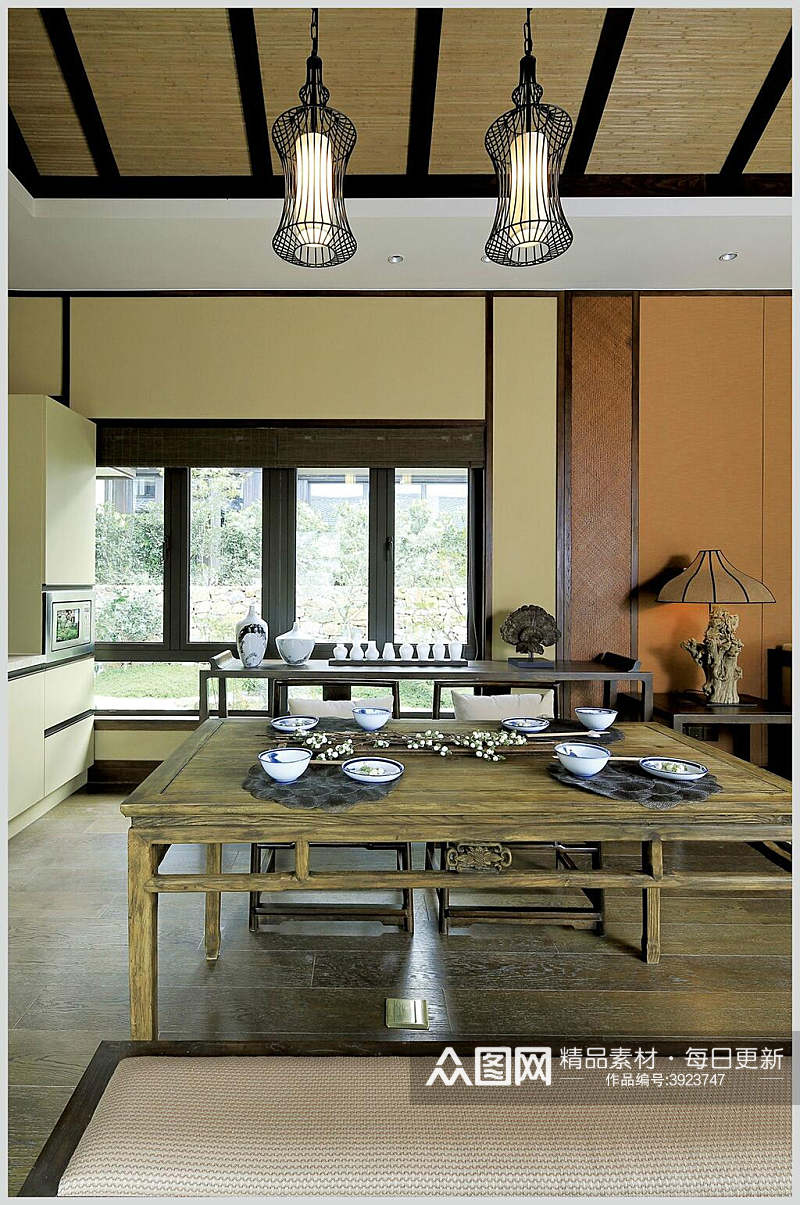温馨优雅高级木桌子新中式室内图片素材