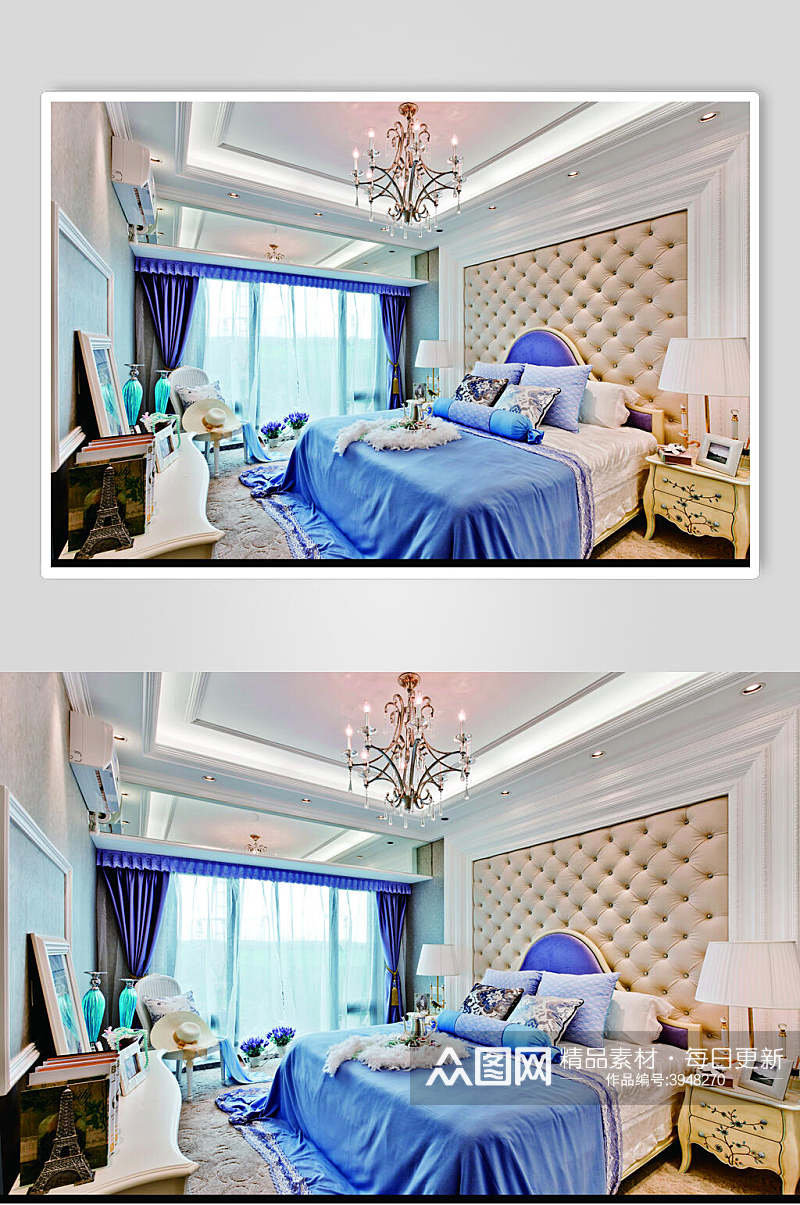 蓝色床单法式别墅样板间图片素材