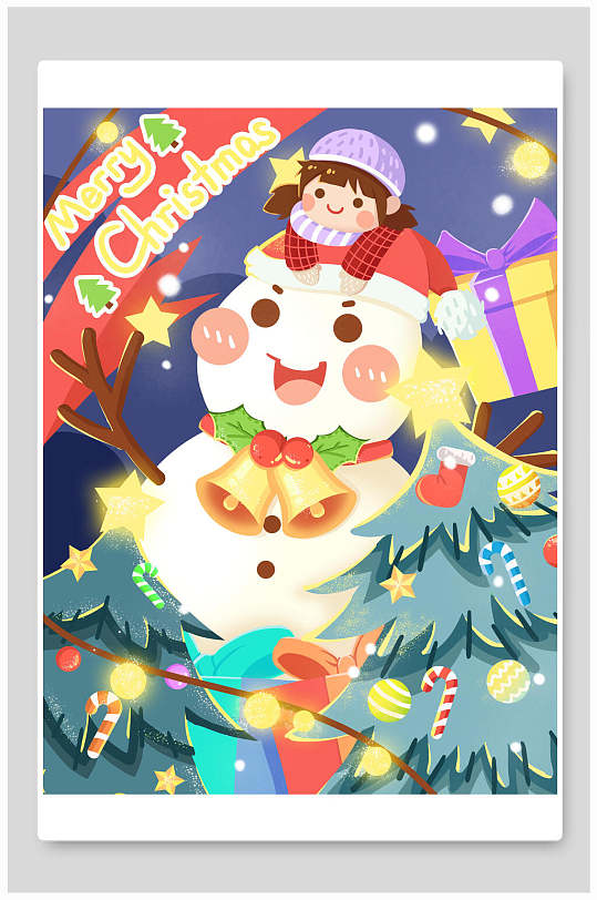 小朋友雪人圣诞节快乐插画