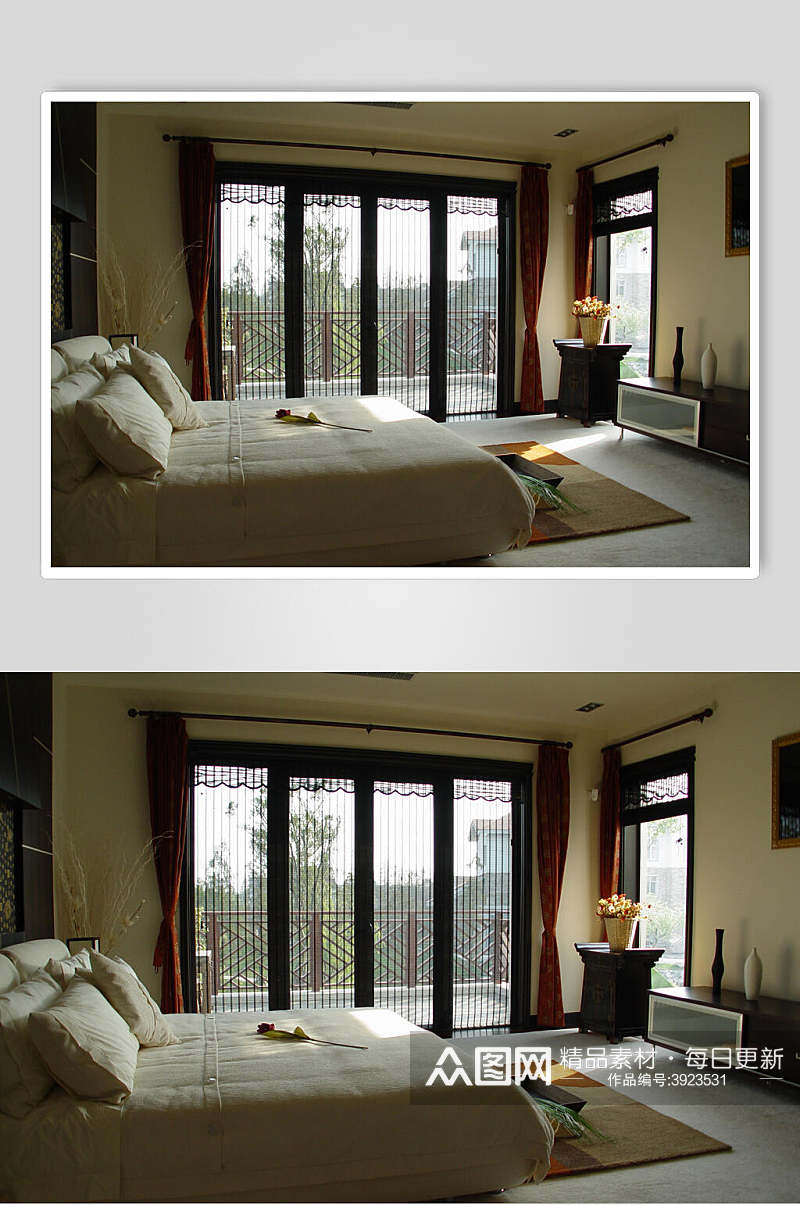 简约米白色床帘柜子新中式室内图片素材
