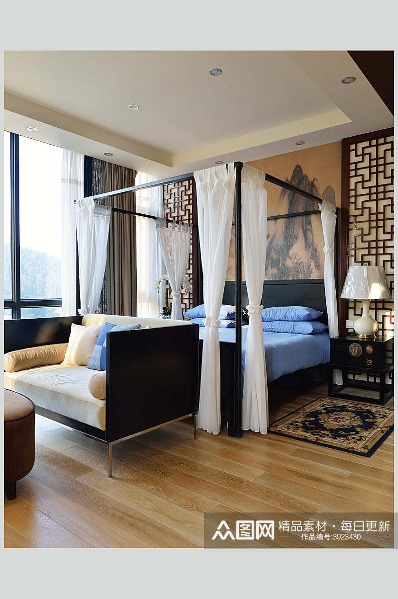 床帘地毯简约大气蓝新中式室内图片素材