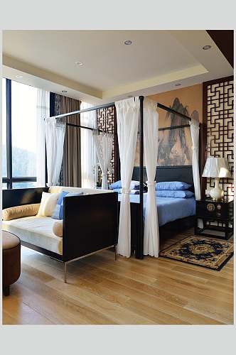 床帘地毯简约大气蓝新中式室内图片