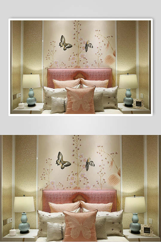 粉色床头蝴蝶背景新中式室内图片