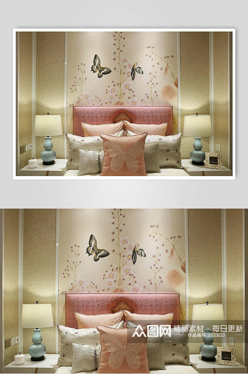 粉色床头蝴蝶背景新中式室内图片素材