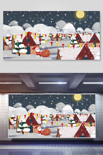 雪地彩旗圣诞节快乐插画