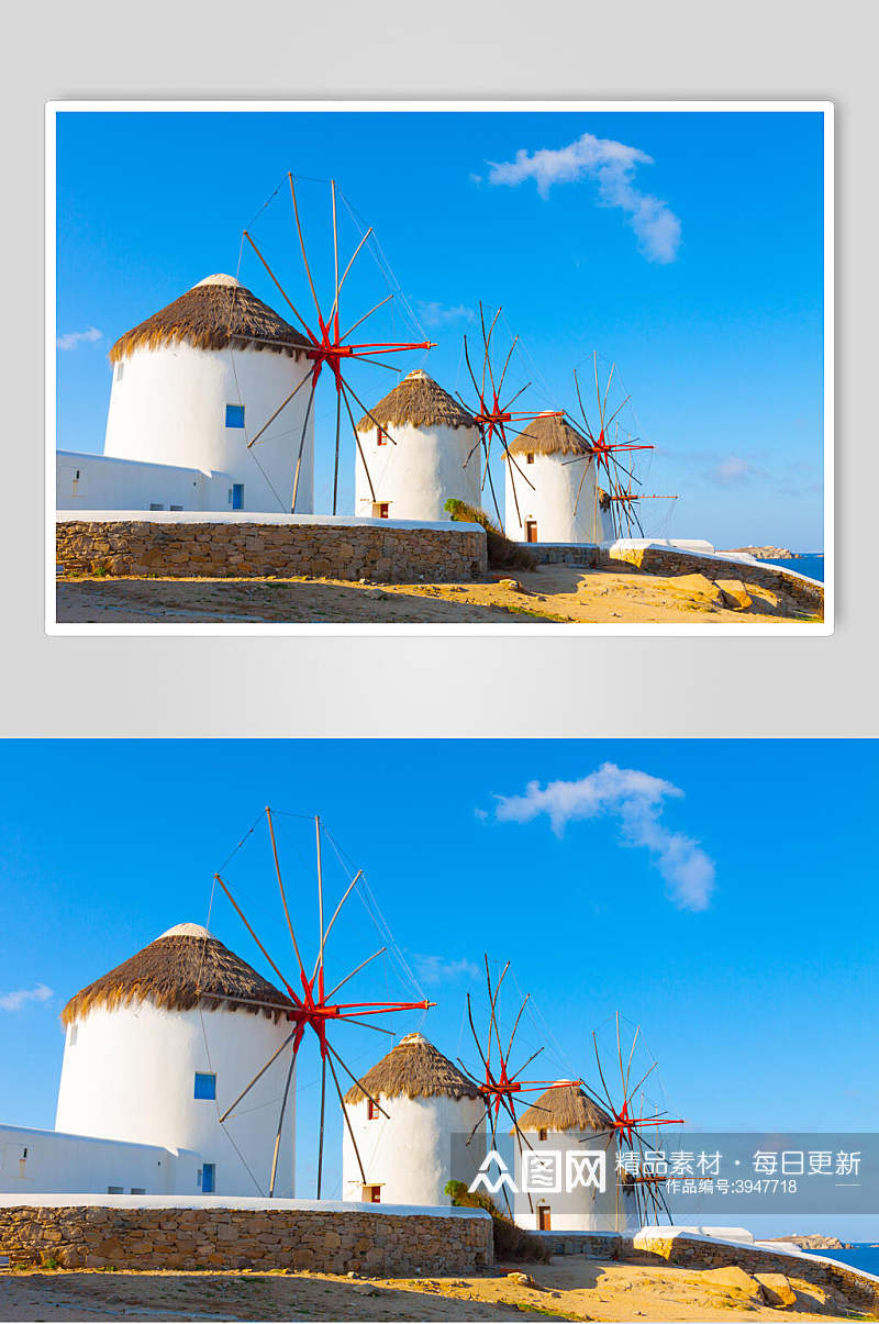 唯美蓝天白房屋欧式风车图片素材