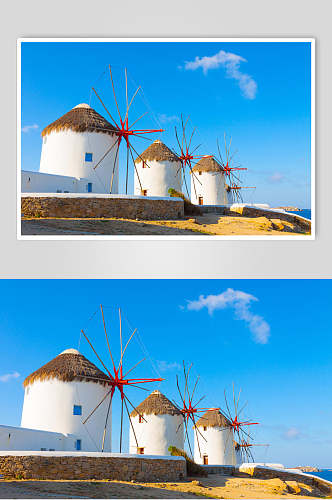 唯美蓝天白房屋欧式风车图片