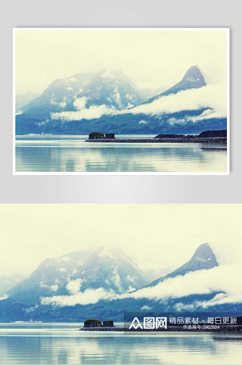 幽静湖泊白云薄雾森林图片素材