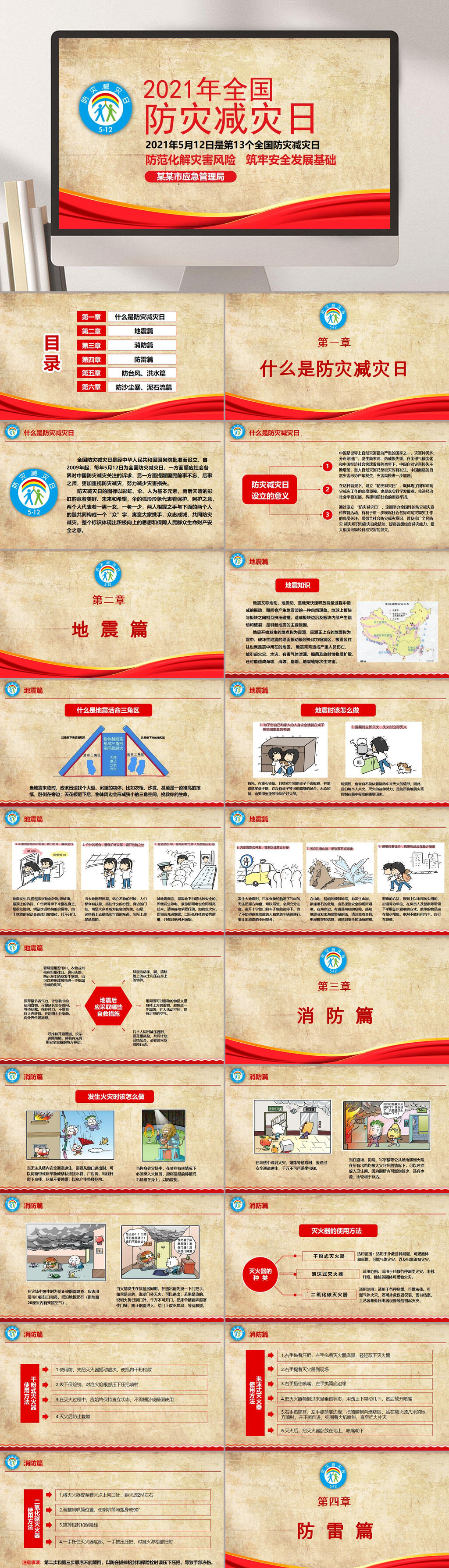 复古风全国防灾减灾日ppt