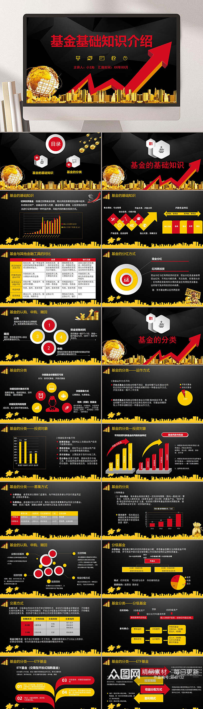 箭头立体基础知识介绍黑黄色基金定投PPT素材