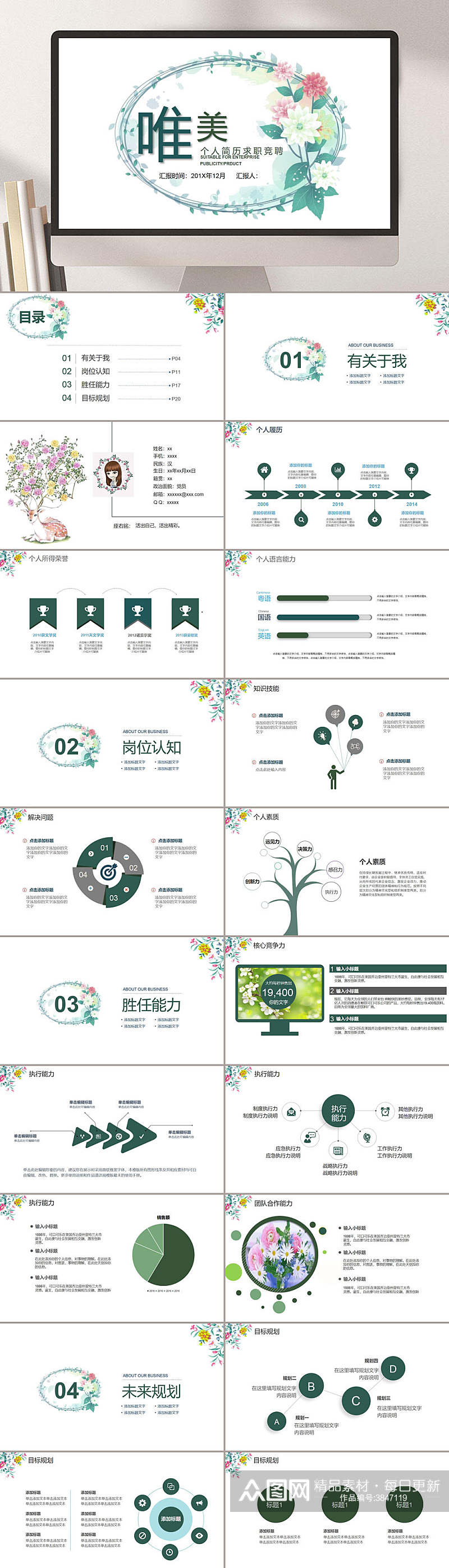 简约手绘卡通可爱唯美花朵绿小清新简历PPT素材
