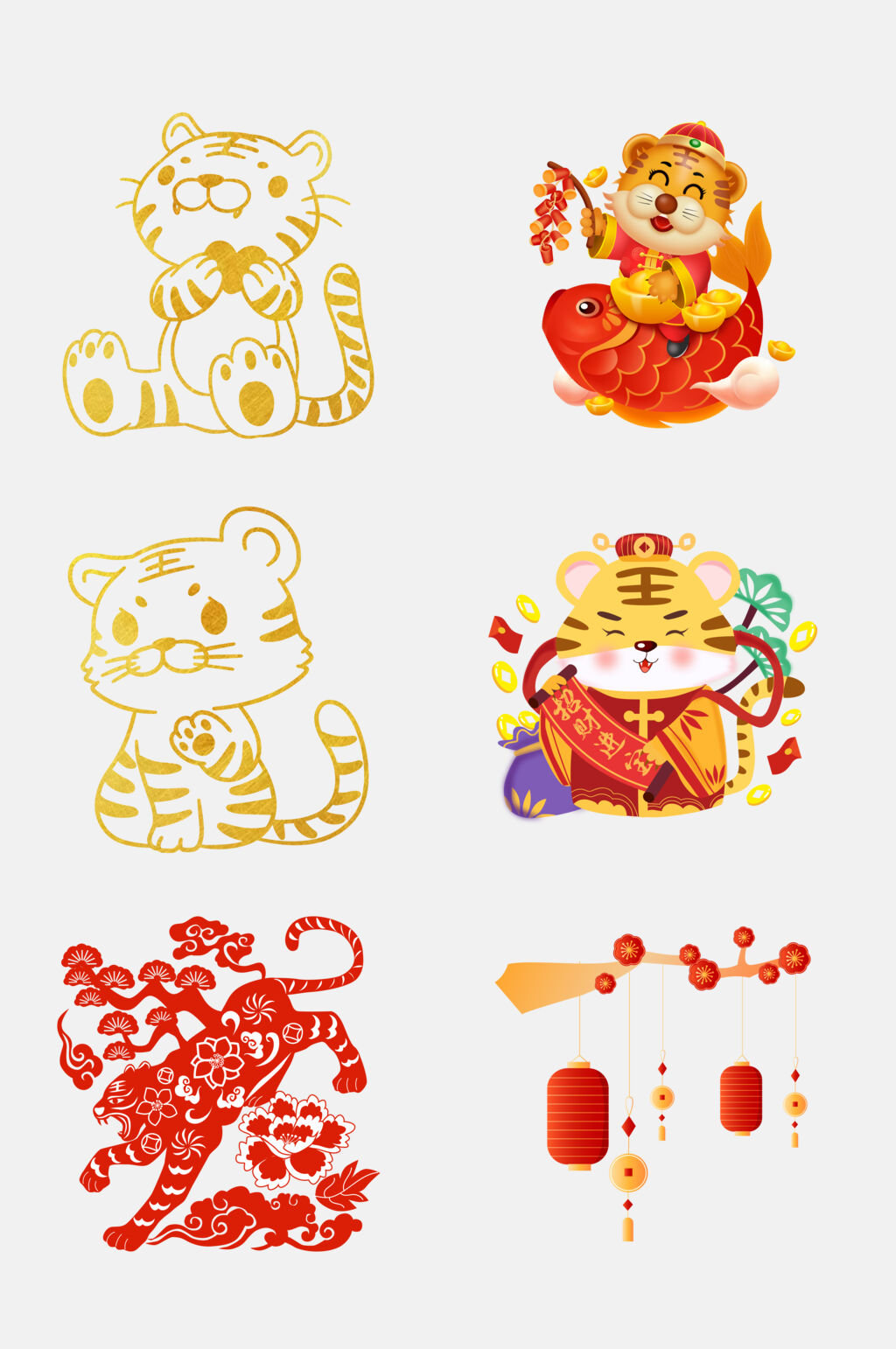 红色剪纸风新年虎年免抠素材素材