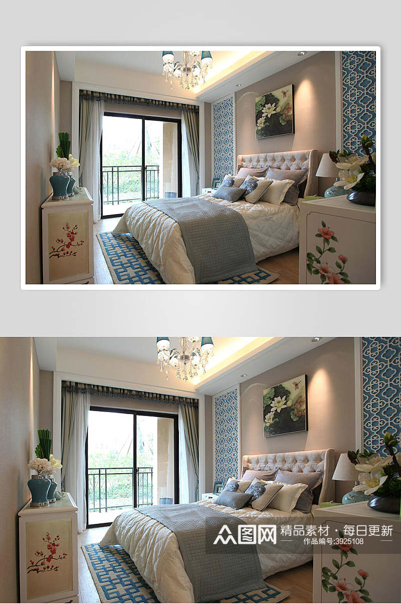 简约贵气优雅床单绿新中式室内图片素材