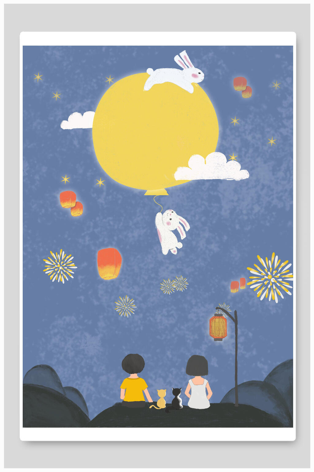 蓝色卡通中秋节插画素材