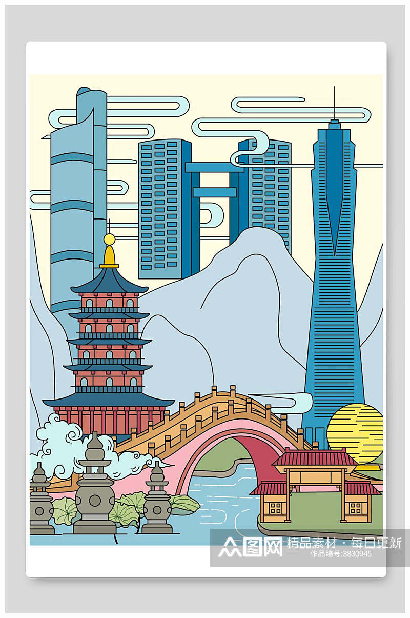 城市地标建筑拱桥大厦插画素材