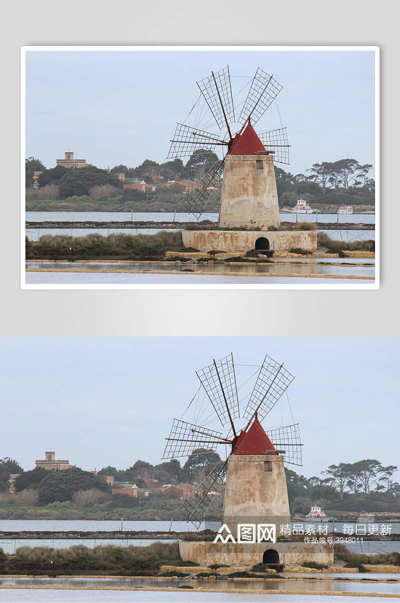 欧式风车水边图片素材