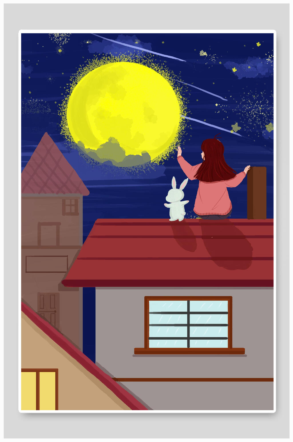 中秋节月亮兔子女孩背影插画素材