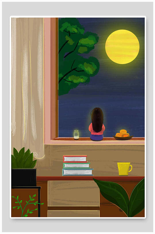 抬头望明月中秋节插画