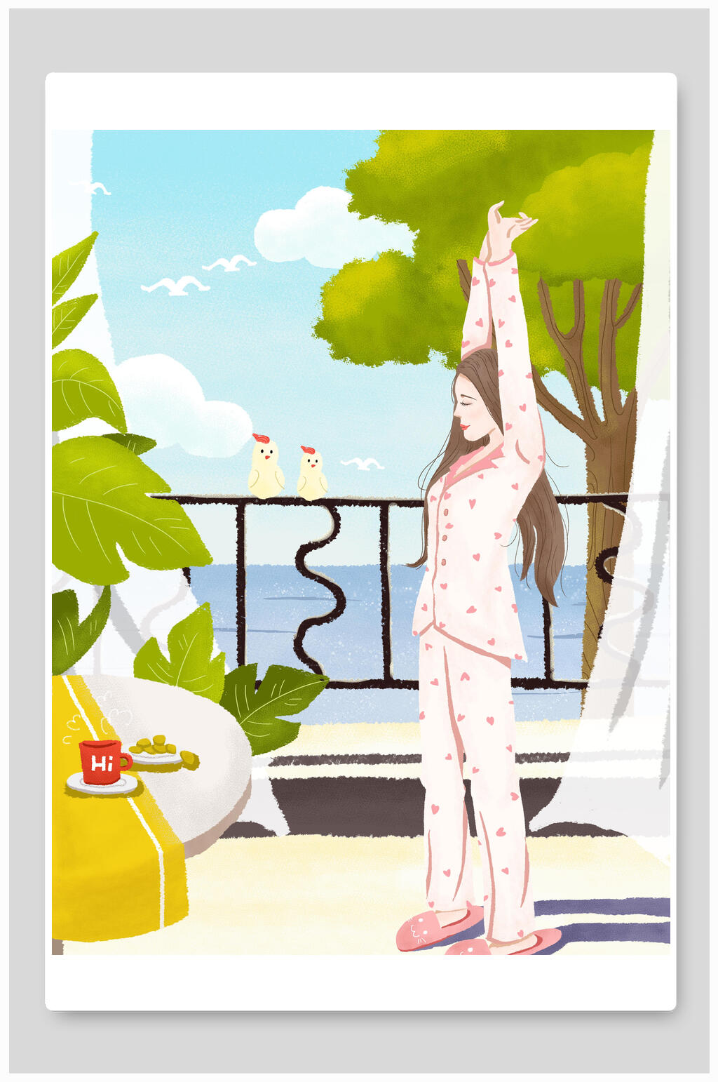 清新早安女孩插画素材