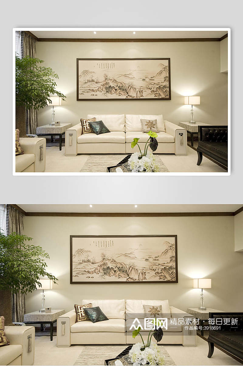复古优雅文艺壁画绿新中式室内图片素材