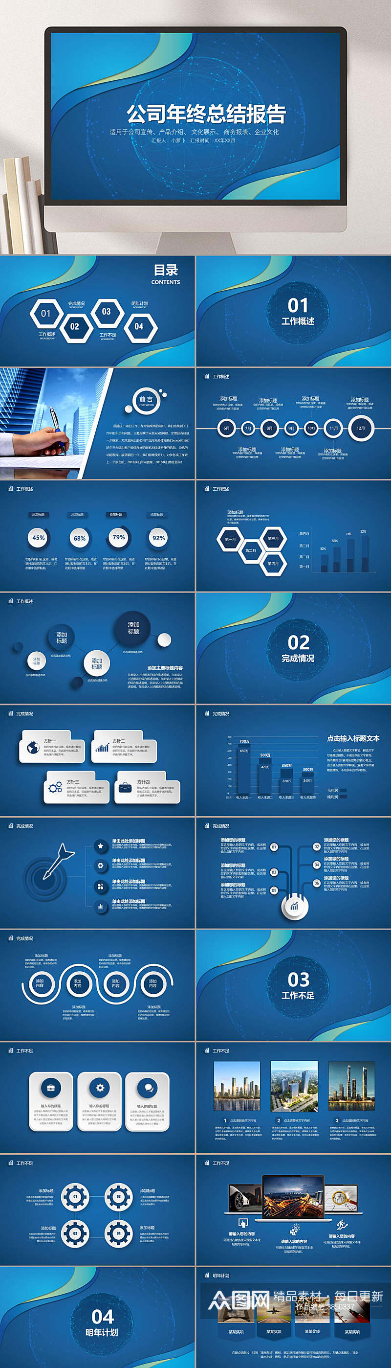 公司年终总结报告浅蓝色微立体风汇报PPT素材