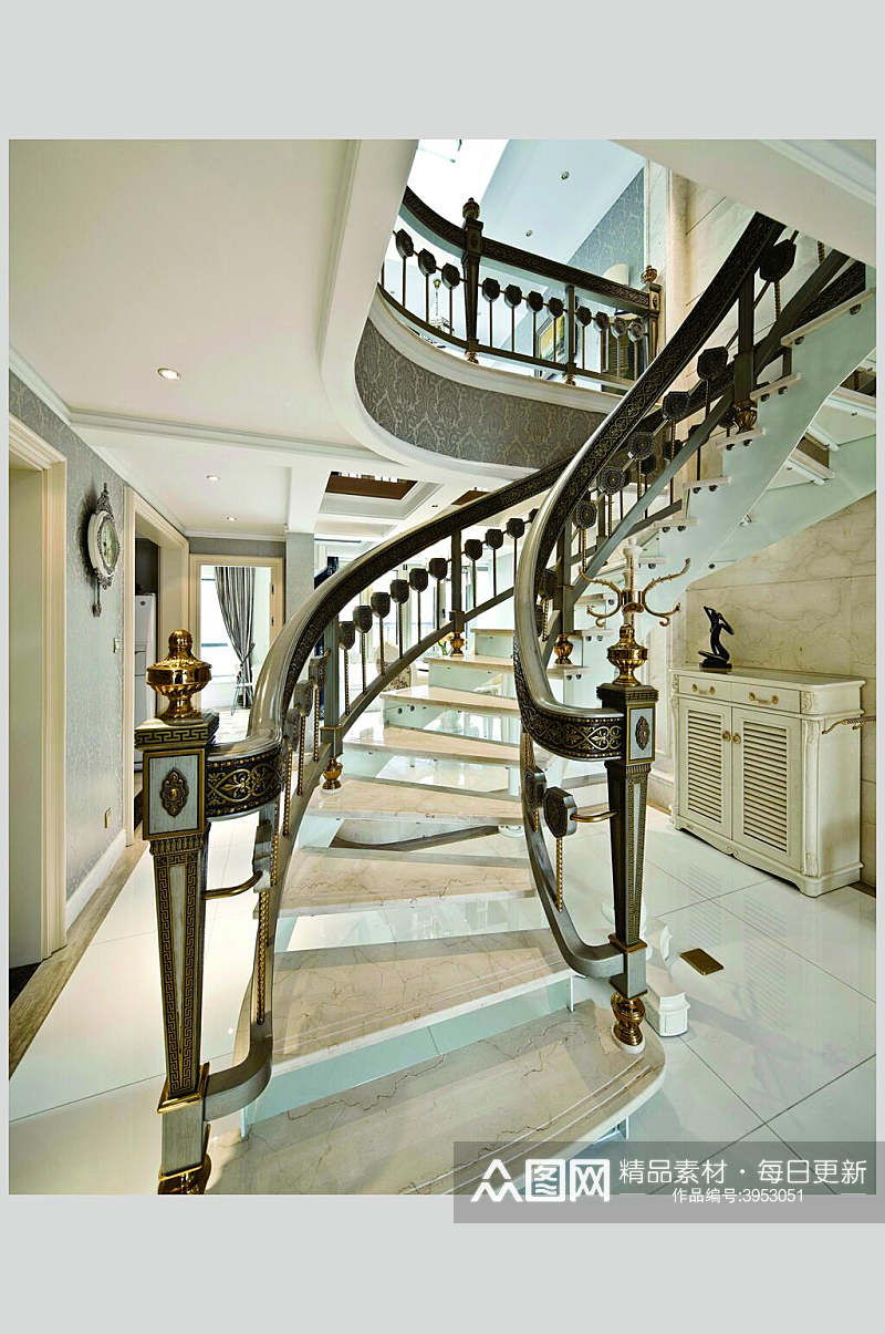 优雅楼梯扶手钟法式别墅样板间图片素材