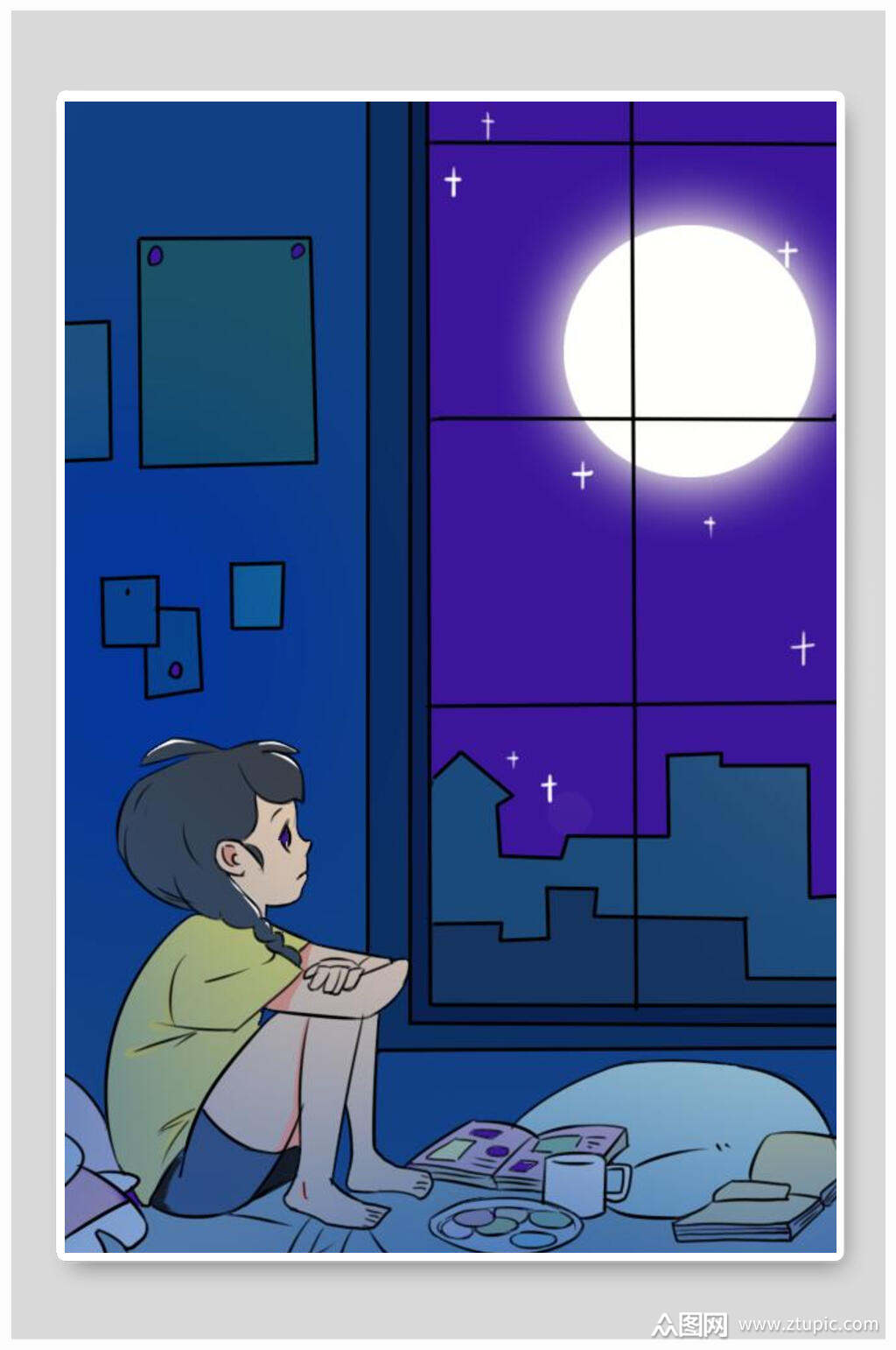 小女孩望月中秋节插画素材