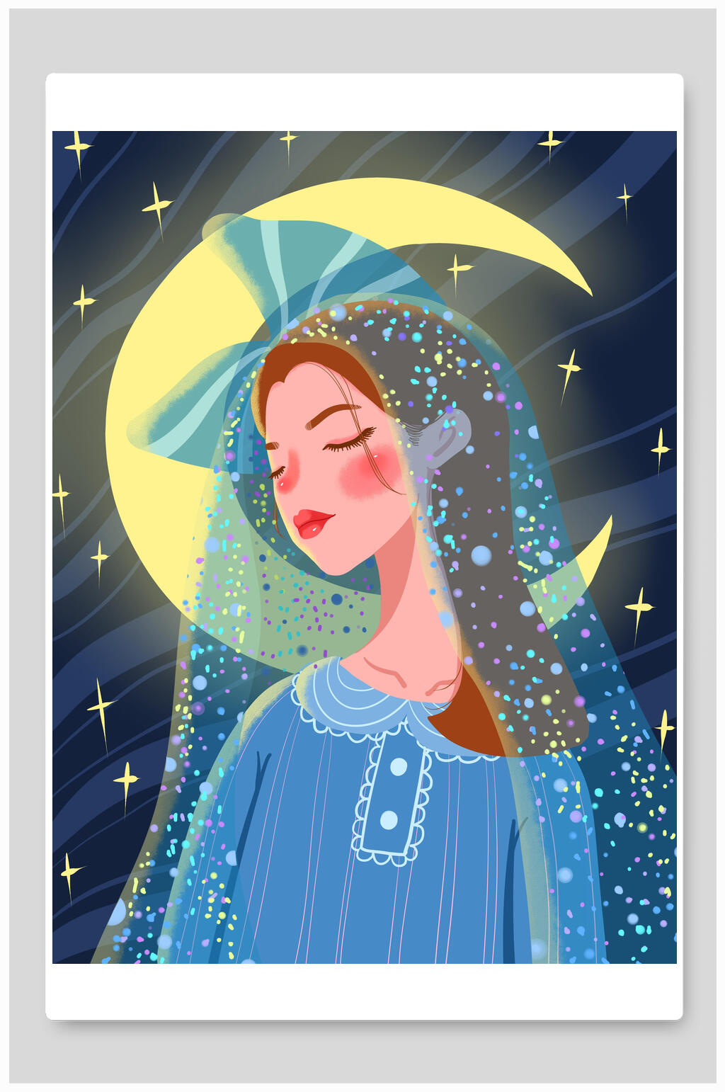 女孩月亮小清新晚安插画素材