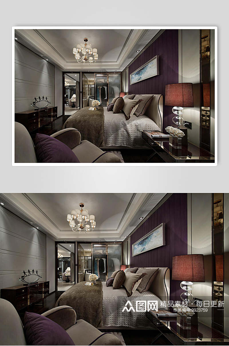 抱枕吊灯温馨优雅紫新中式室内图片素材