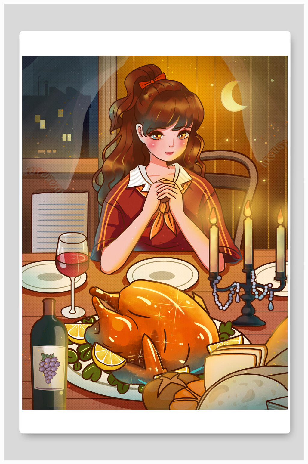 月亮鸡肉感恩节插画素材