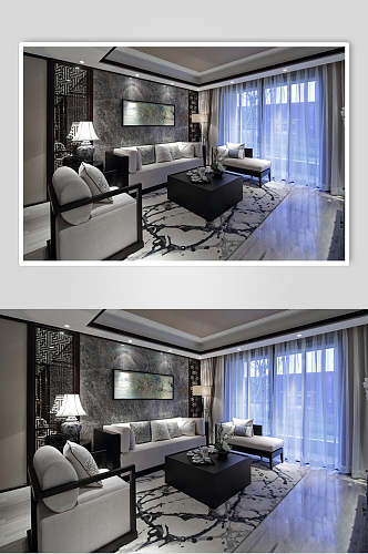 复古洋气个性浅蓝灰新中式室内图片