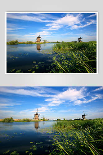 湖水欧式风车图片