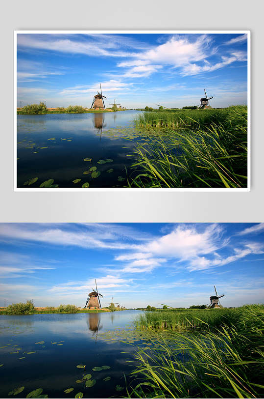 湖水欧式风车图片