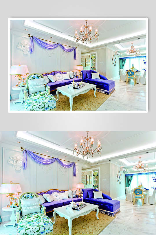 蓝色沙发水晶灯客厅法式别墅样板间图片