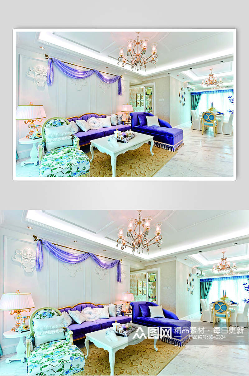 蓝色沙发水晶灯客厅法式别墅样板间图片素材