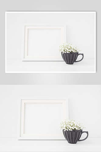 茶杯花朵条纹墙壁白色相框样机