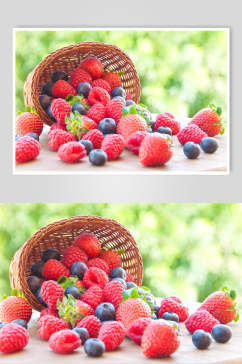 竹篮蓝莓草莓叶子红绿浆果水果图片
