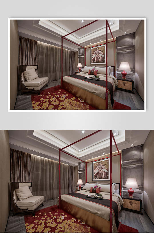高级感创意优雅红色新中式室内图片