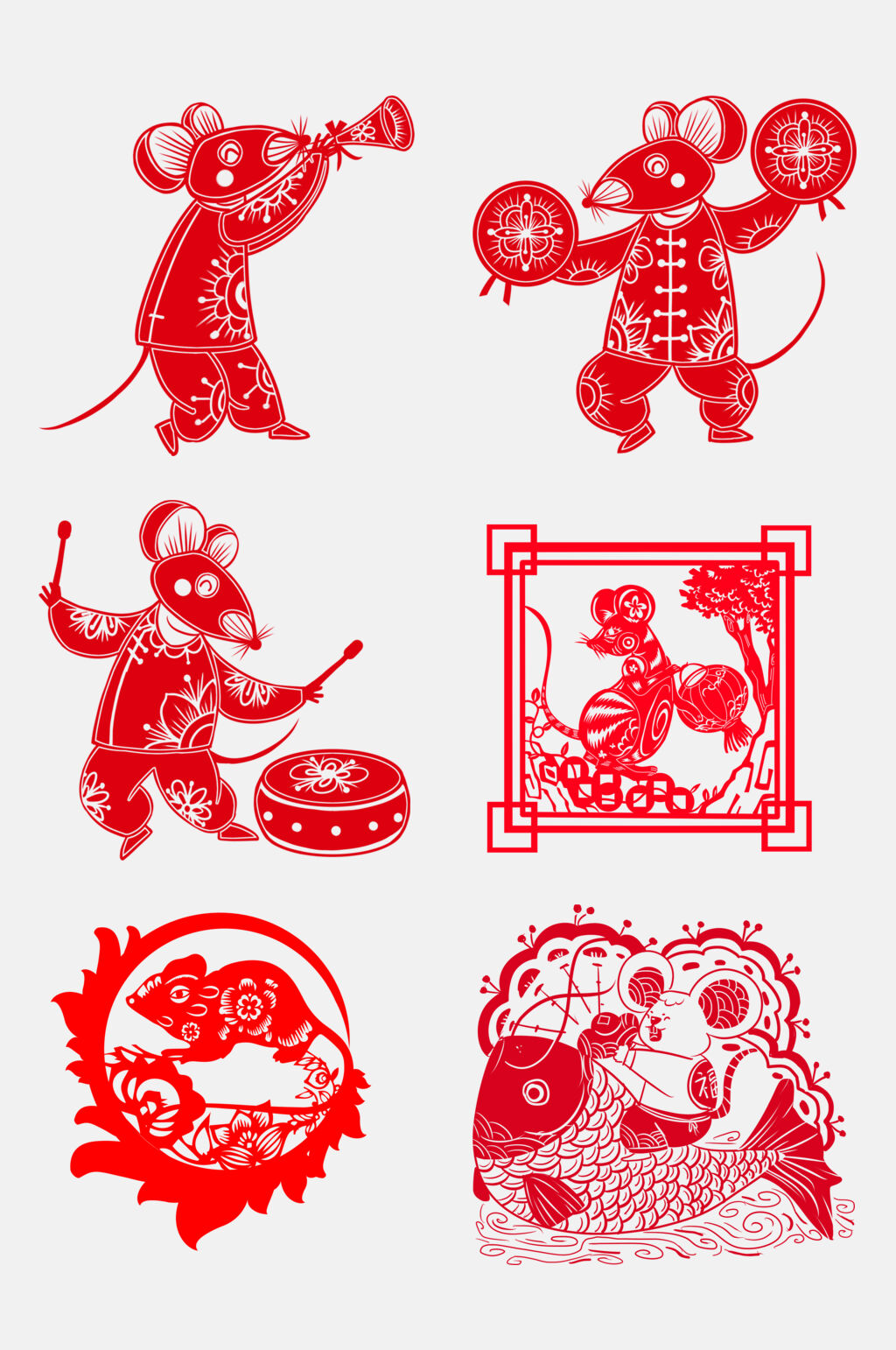 红色金鱼祥云剪纸风鼠年免抠素材素材