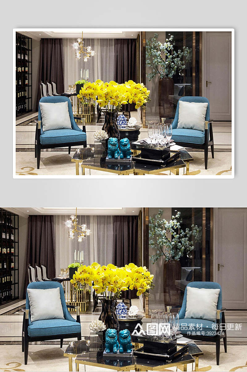 大气优雅个性黄蓝色新中式室内图片素材
