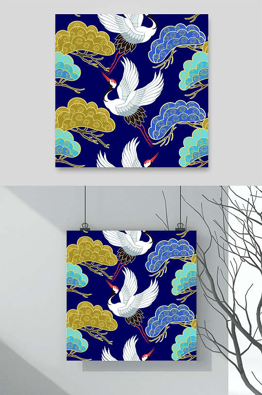 简约手绘和风花草仙鹤图案矢量素材