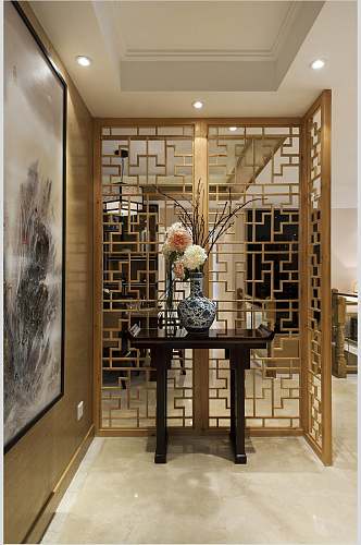 木屏风花朵青花瓷黄新中式室内图片