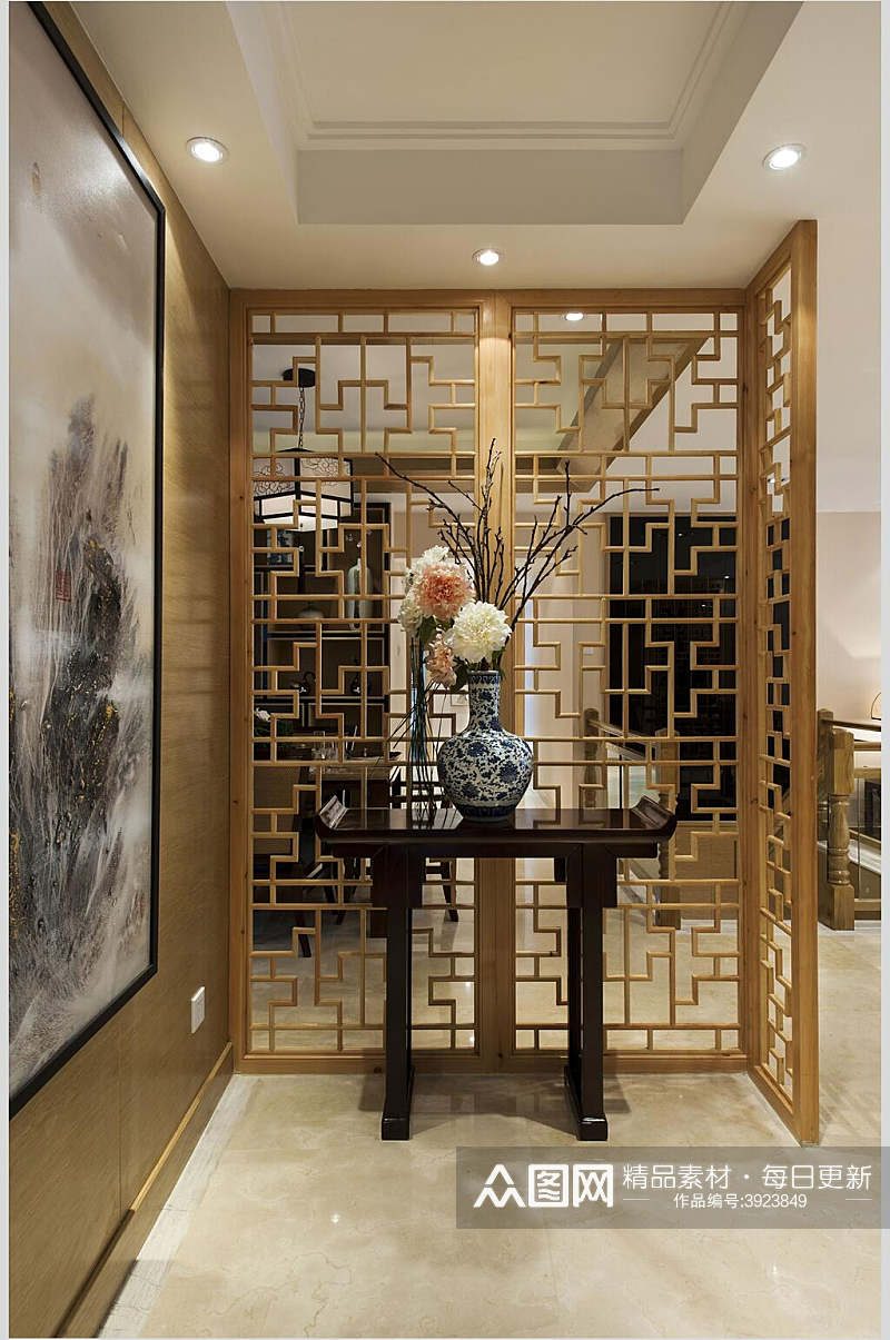 木屏风花朵青花瓷黄新中式室内图片素材