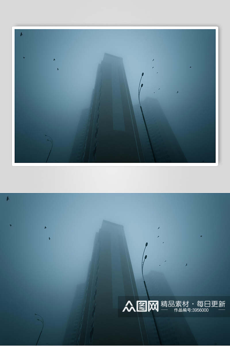 高楼大厦意境环绕灰蓝薄雾森林图片素材