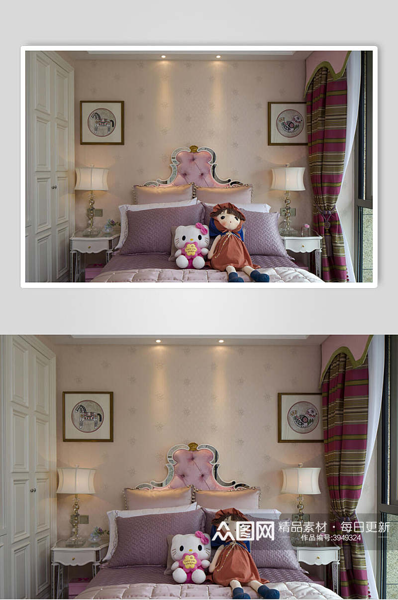 粉色公主床挂画法式别墅样板间图片素材