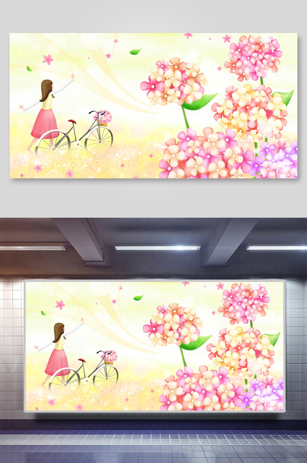 女孩自行车唯美春天插画素材