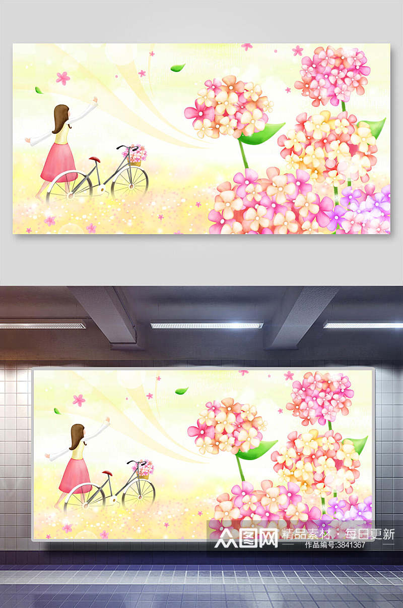 女孩自行车唯美春天插画素材